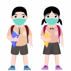 Kids Boy and Girl go to School and wear Face Mask and hold a book and school bag in New Normal Activities.  Cartoon Character Vector Concept Illustration on white background