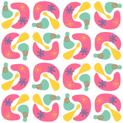 Cartoon abstract geometric seamless pattern. Fantasy geo tile background. Infinity wrapping paper with different shapes. Creative texture. Vector illustration.    