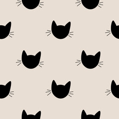 Seamless pattern with cute cat muzzles. Animal polka dot background. Feline wrapping paper. Vector illustration. 