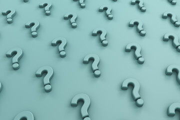 3d rendering of question mark on turquoise minimalistic background. Wide background site head and cover photo. Pattern for texture of wallpaper. 