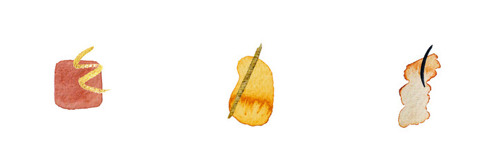 Abstract modern watercolor brush. Black, orange, red, gold, yellow watercolor Illustration isolated on white background. Wedding card. Minimal business card, poster, logo.