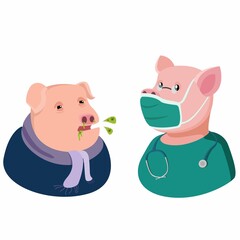 The Sick Pig Fever Patient with Pig Doctor. G4 AE H1N1 Swine Flu Virus Spreading from Pig symbol in cartoon illustration vector