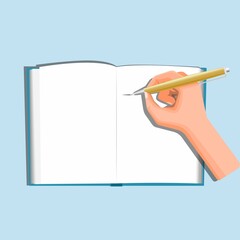 Hand Writing on Book with Ballpoint or Golden Pen in Cartoon Illustration Vector