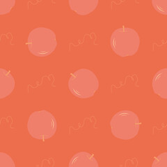 Pink apples on a red background. Seamless patterns. For textiles. Vector