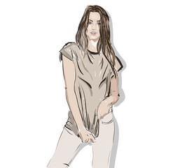 Vector fashion sketch of young brunette woman in light jeans and t-shirt. Fahion illustration.