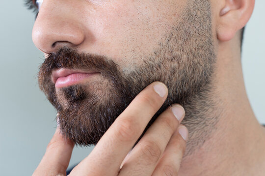 Close up of young bearded man touching his beard while standing against gray background