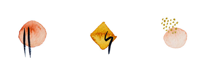 Abstract modern watercolor brush. Black, orange, red, gold, yellow watercolor Illustration isolated on white background. Wedding card. Minimal business card, poster, logo.