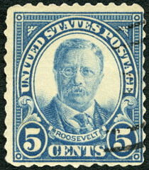 USA - 1922: shows Portrait of Theodore Roosevelt (1858-1919), 26th president of the United States, series Presidents of USA, 1922 - obrazy, fototapety, plakaty