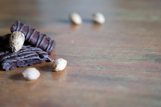 chocolate buscuit on wooden table
