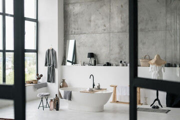 Modern and new bathroom with contemporary interior design - obrazy, fototapety, plakaty