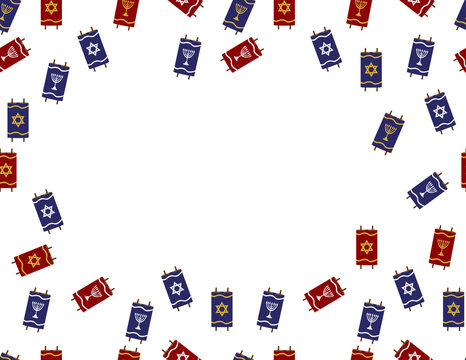 Red Blue Torah Scrolls Frame on White Background 