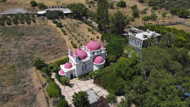 Aerial view of the Church of the Apostles and Greek Orthodox Monastery are located on the shores of the Sea of Galilee, not far from Tiberias city in northern Israel