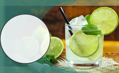 composite with caipirinha, traditional drink from brazil, lemon drink with cachaça and sugar, international caipirinha day on September 13, space for text