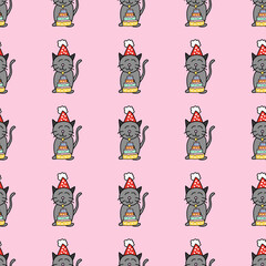Seamless pattern of hand draw cute gray cat hold layer colorful cake in hand on pink background.