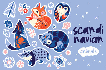 Scandinavian winter animals sticker set. Vector illustration