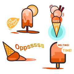 Ice cream signs and badges. Funny summer desserts. Popsicles melting in the sun illustrations. 