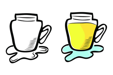 Spill Yellow Cold Drink, Vector Simple Doodle Hand Draw Sketch

