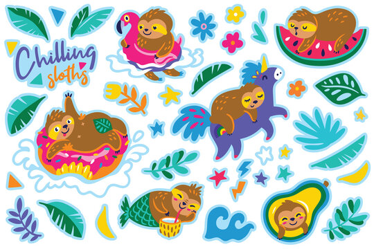 Chilling sloths in cartoon style. Sticker set. Vector illustration