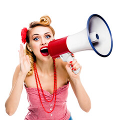 Beautiful woman holding megaphone and shout something. Girl in pin-up style, isolated over white background. Caucasian model with open mouth posing in retro vintage studio concept. Square composition.