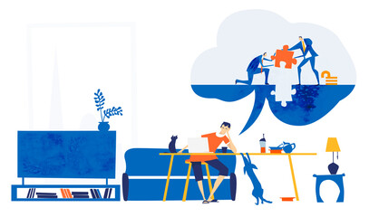 Fototapeta premium People working from home, distance working. Self isolation, quarantine and working from kitchen table. People dreaming go back to normal, work together, to solve problems and socialise 