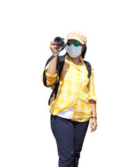 Asian woman tourist wearing face mask taking photograph isolated on white background.