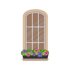 Semicircular window with flowers in a flat style. Window with shutters isolated on a white background. Vector.
