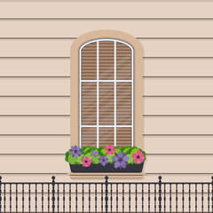 Semicircular window with flowers in a flat style. Window with shutters. Vector.