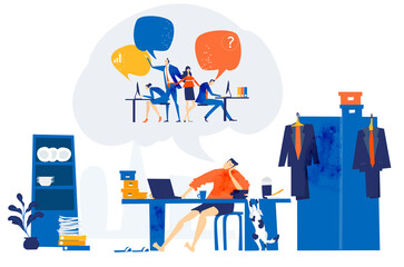 Young man works from home, distance working, Self isolation, quarantine and working from kitchen table. People dreaming go back to normal, work together, to solve problems and socialise.  