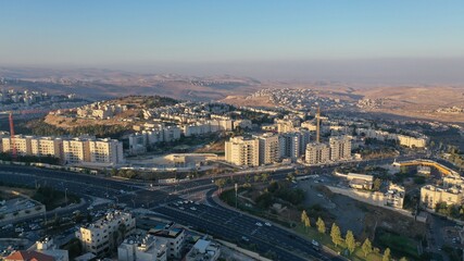 Obraz premium Pisgat zeev and neve Yaakov neighbourhood, Aerial North Jerusalem, Israel, Drone, August 2020 