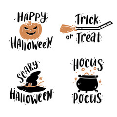 Cute hand drawn set of lettering Halloween quote by doodle sketch style. Vector illustration slogan for kids poster, children banner for school or education.