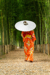 Woman wearing Japanese traditional dress, Yukata, holding white umbrella walking on a path...