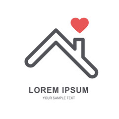 Home roof and red heart above the chimney logo. House icon with love symbol for charity and care conceptual design. Real estate and cottage realty abstract background sign with sample text. V1