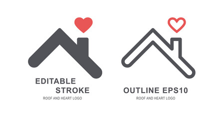 Home roof and red heart above the chimney logo. House icon with love symbol for charity and care conceptual design. Real estate and cottage realty abstract background sign with sample text. SET1