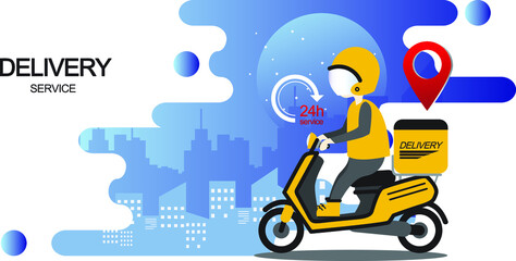 Online Delivery service with 24 hour concept, perspective motorcycle and mobile phone. Online food application design. 
