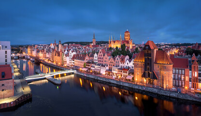 Gdansk, Poland. Panoramic aerial view of Motlawa river embankment in Old Town at dusk