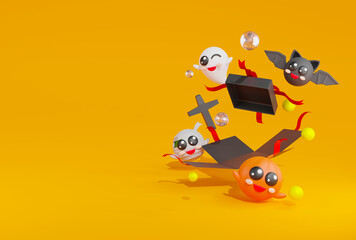 3d rendering ghost,mummy,pu,pkin,bat happy arround black giftbox explored on yellow background.
