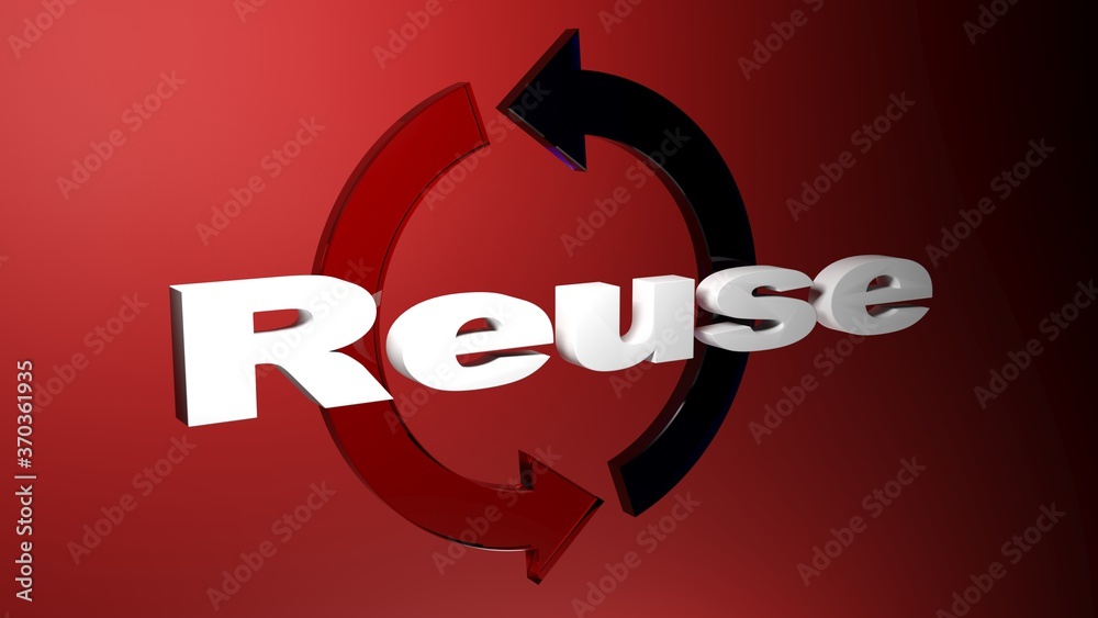 Poster the write reuse in white letters, in front of two rotating arrows, over a red background - 3d render