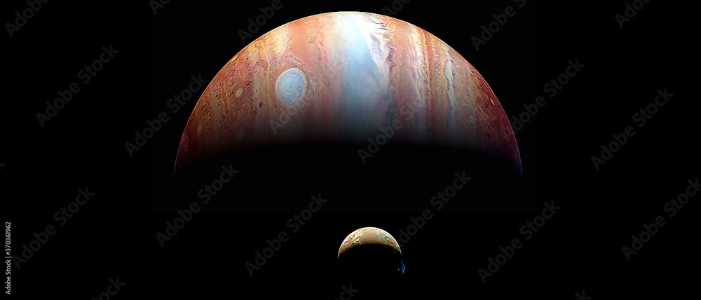 Wall mural planet jupiter and his satellite in outer space. 3d rendering