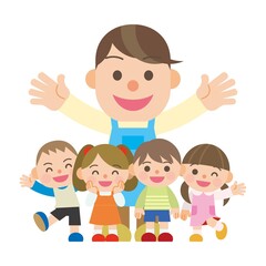 にぎやかな子供達とエプロン姿の男性