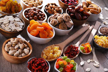 Composition with dried fruits and assorted nuts. Delicacies