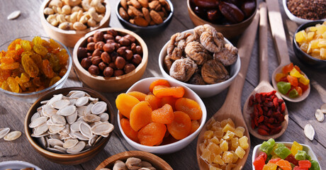 Composition with dried fruits and assorted nuts. Delicacies