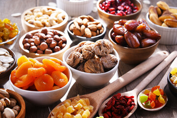 Composition with dried fruits and assorted nuts. Delicacies