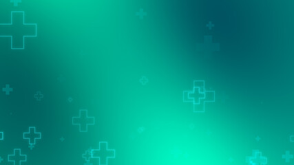 Medical health blue green cross neon light shapes pattern background. Abstract healthcare technology and science concept.