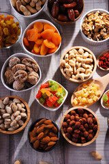 Composition with dried fruits and assorted nuts. Delicacies