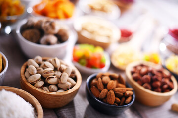 Composition with dried fruits and assorted nuts. Delicacies