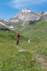 Fototapeta premium Uomo in Ebike in un sentiero di montagna