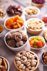 Composition with dried fruits and assorted nuts. Delicacies