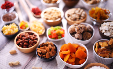 Composition with dried fruits and assorted nuts. Delicacies