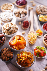 Composition with dried fruits and assorted nuts. Delicacies