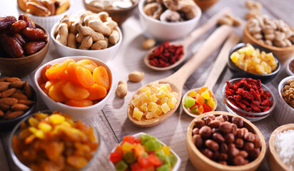 Composition with dried fruits and assorted nuts. Delicacies